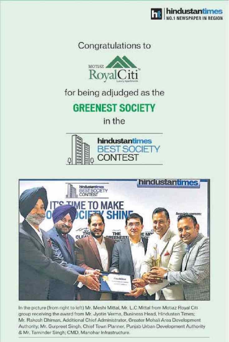 Motiaz Royal Citi awarded Greenest Society at Hindustan Times Best Society Contest 2018